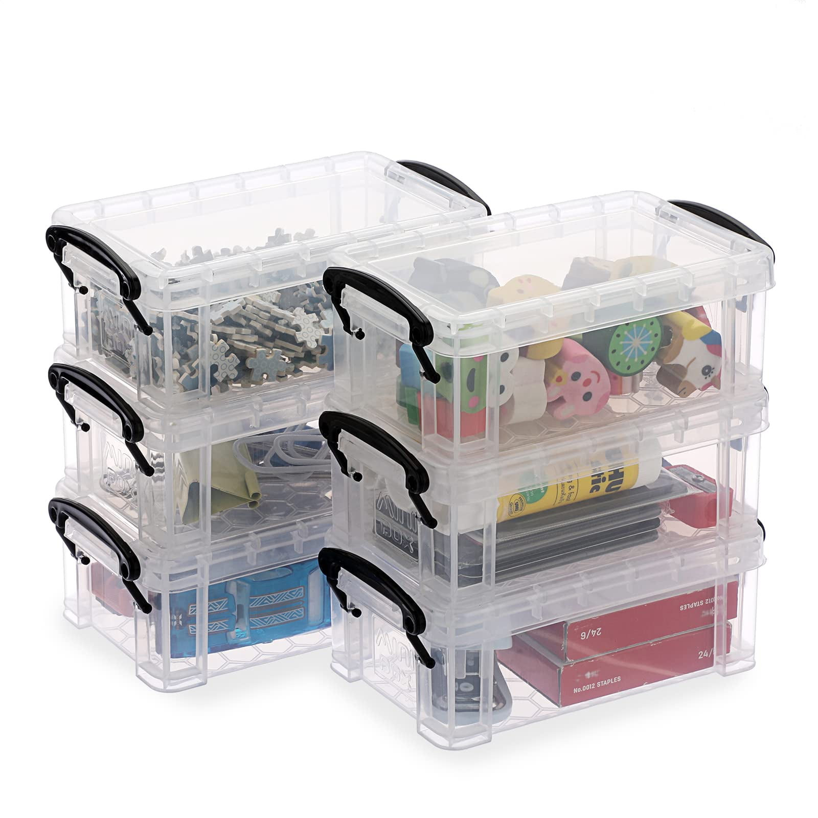 6 Colors Mini Plastic Storage Box with Locking Lid Clear Organizer for Crafts Stationery Jewelry Sewing Home Office Supplies