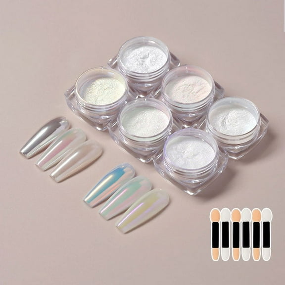 6 Colors Moonlight White Pearl Aurora Nail Powder-Metallic Chrome Nail Powder-Holographic Mirror Effect Chrome Powder-Iridescent Mermaid Powder Pigment Manicure Powder for Glitter Nail Art