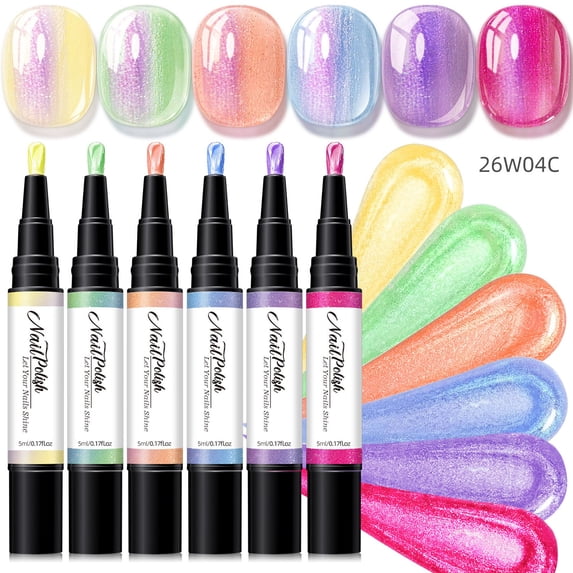 6 Colors Nail Polish Pen Set, Pearl Shimmer Nail Polish Pens, Water Based Nail Art Polish, Quick Dry Nail Paint Markers with Brush Tip for DIY Home Manicure, No UV Lamp Needed