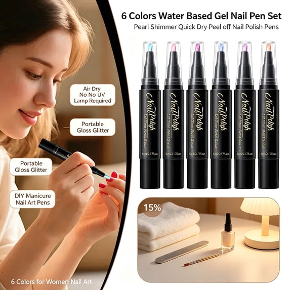 6 Colors Water Based Gel Nail Pen Set, Pastel Pearl Shimmer Quick Dry Peel off Nail Polish Pens, Air Dry No UV Lamp Required, Portable Gloss Glitter DIY Manicure Nail Art Pens