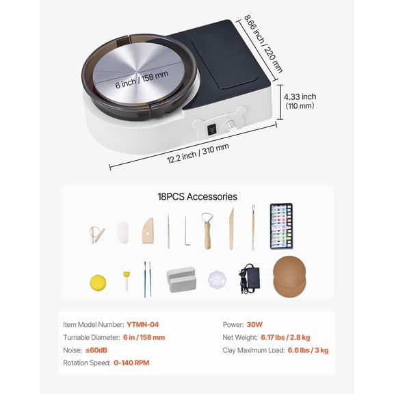 6" Compact Pottery Wheel for Kids & Artists - Automatic Rotating Clay Tool Craft Kit with Accessories, White