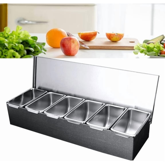 6 Compartment 304 Stainless Steel Detachable Topping Station 2.7L Ice Cooled Condiment Dispenser with Lid for Pizza Salad Buffet