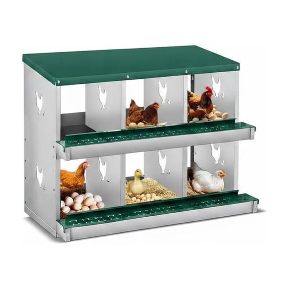 6 Compartment Chicken Nesting Box - Galvanized Metal Poultry Nest with Perch Secure Lid Vented PT6009B Dark green