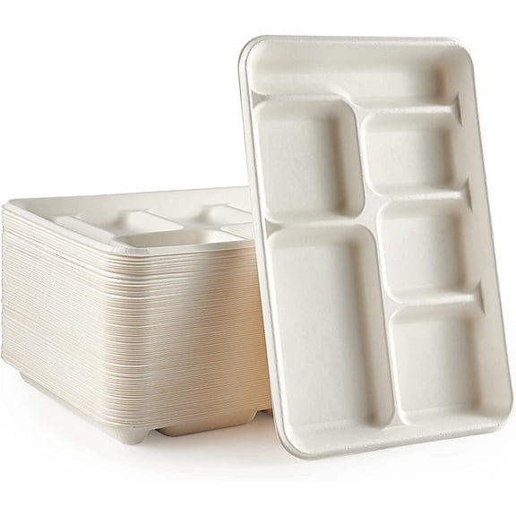 6 Compartment Compostable Paper Plates 12.5 x 8.6 Inch 90 Pack White