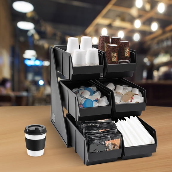 6-Compartment Condiment Organizer, Black Tiered Storage Bin for Countertop or Wall