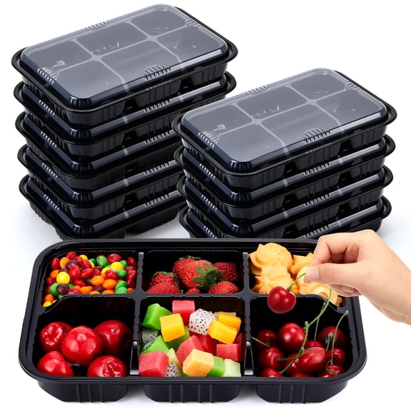 6 Compartment Disposable Plastic Food Storage Containers with Lids