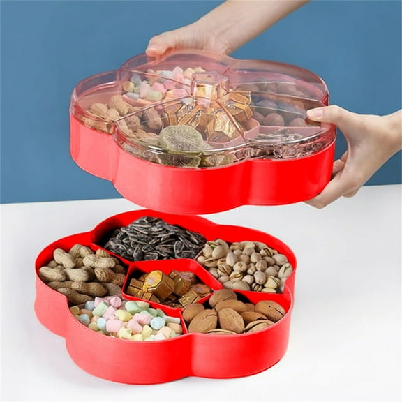 6-Compartment Flower Snack Tray - Divided Serving Plate with Lid for Nuts, Candy or Lunch Organization Round Plastic erving Container Tray With Lid Food Storage Christmas Party Platter(Red)