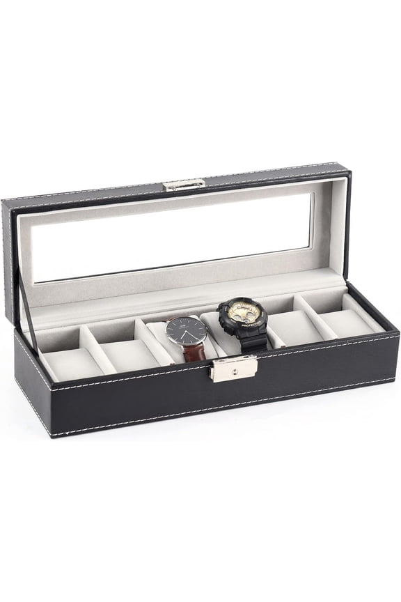6-Compartment Men's Watch Box, Black Watch Display Stand, Dustproof Storage Box with Glass Lid, Jewelry Storage Box, Valentine's Day & Christmas Gift