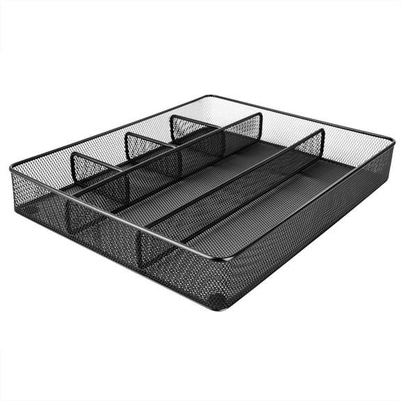 6-Compartment Mesh Storage Tray with Non-Slip Pen Slot, Durable Wire Desk Caddy for Organizing Stationery, Tools, and Small Items Black