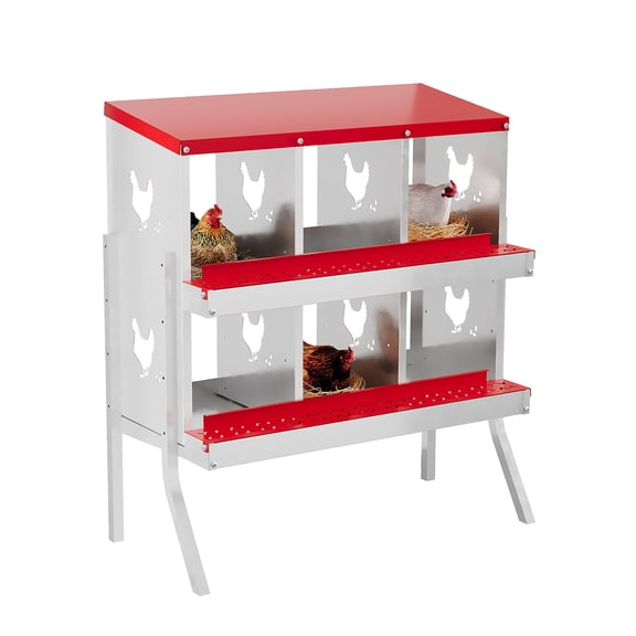 6 Compartment Metal Chicken Nesting Box for Chicken Coop, Heavy-Duty Galvanized Steel Egg Laying Boxes with Bracket Legs, Roll-Away Design for Easy Collection & Cleaning, Red