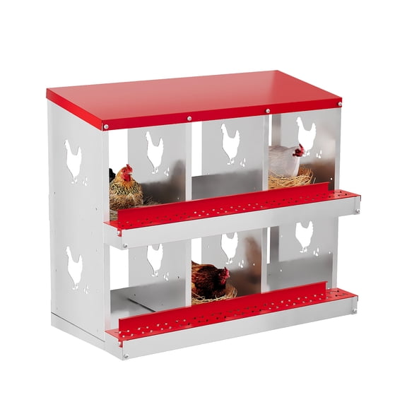 6 Compartment Metal Chicken Nesting Box for Chicken Coop, Heavy-Duty Galvanized Steel Egg Laying Boxes without Bracket Legs, Roll-Away Design for Easy Collection & Cleaning, Red