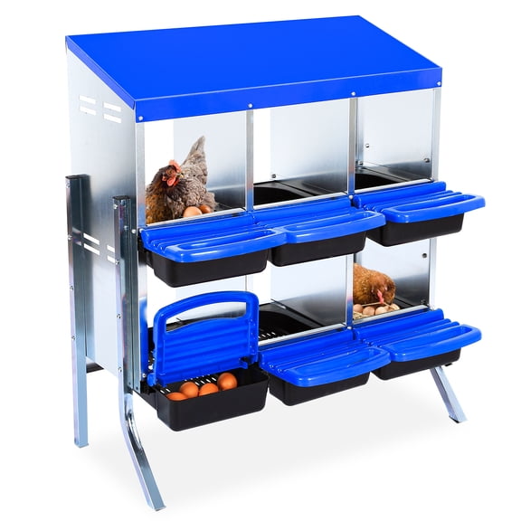 6 Compartment Metal Chicken Nesting Box with Stand, Removable Lid Ventilated Easy Clean Egg Collection for Hens - Blue