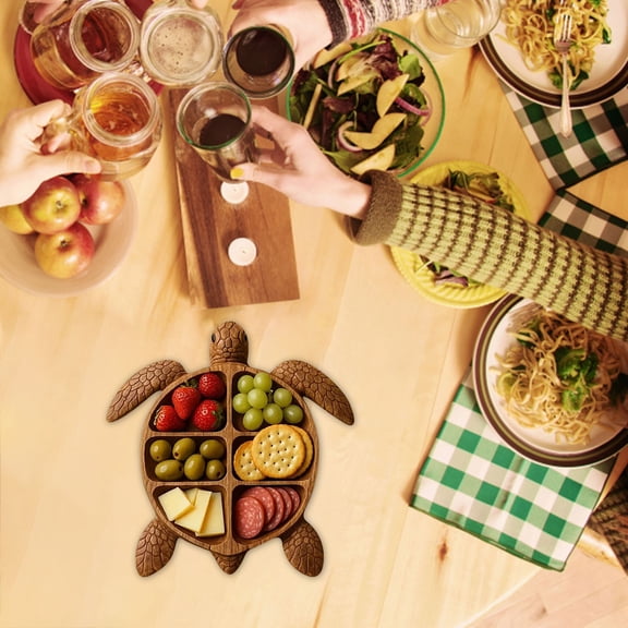 6 Compartment Natural Solid Wood Turtle Shaped Divided Serving Tray, Charcuterie Cheese Fruit Snack Platter,For Party Dining Table Centerpiece(Orange)