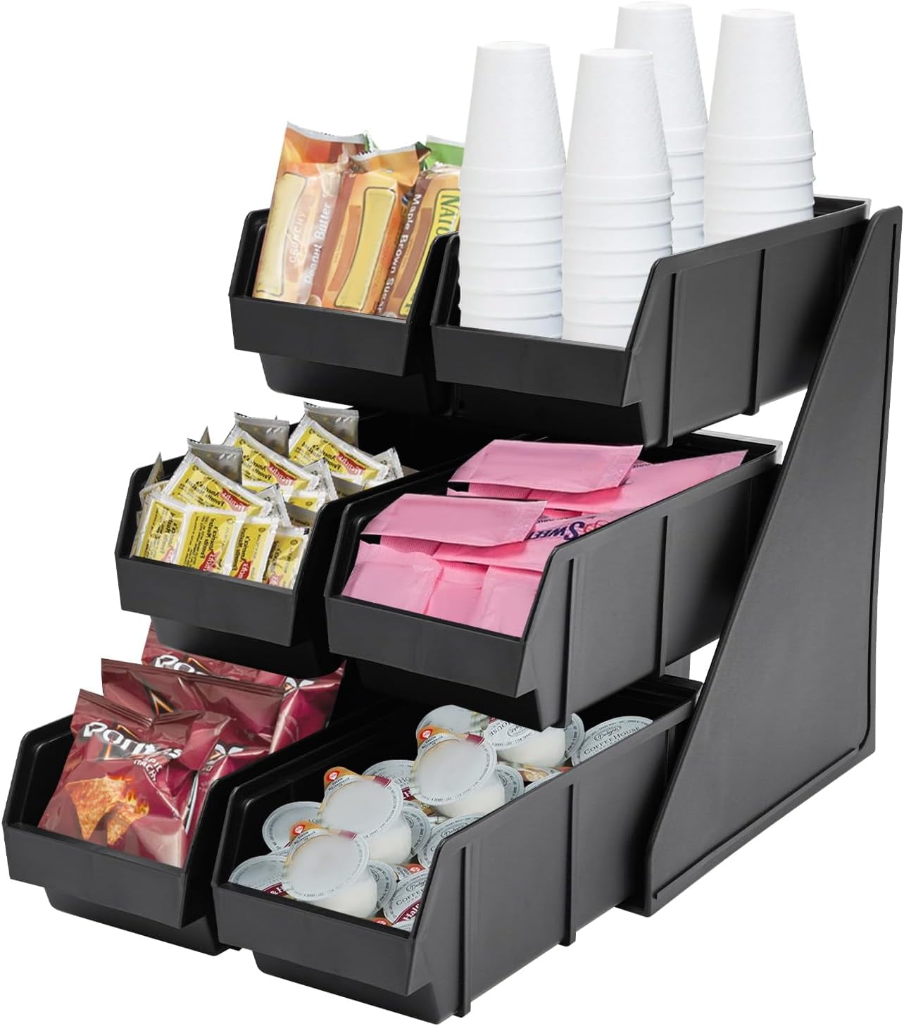 6 Compartment Serve Condiment Bin 20.07 x 11.02 x 13.78in Condiments Holder 3 Tier Self Serve Coffee Bin Stand Countertop Organizer for Paper Cups Drink Lids