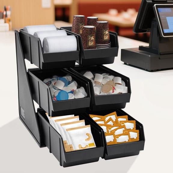 6 Compartment Serve Condiment Bin, 3-Tier Self Serve Condiment Bin Stand, Plastic Containers Storage Bins, Countertop Condiment Organizer for Coffee Shops Restaurants Bars