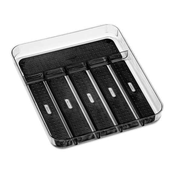 madesmart Premium Clear Silverware Tray, 6 Compartment Flatware Organizer for Forks, Knives & Spoons, Non Slip Base, Carbon