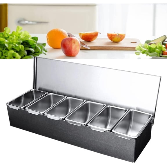 6 Compartment Stainless Steel Detachable Topping Station Pizza Condiment Dispenser With Lid Ice Cooled