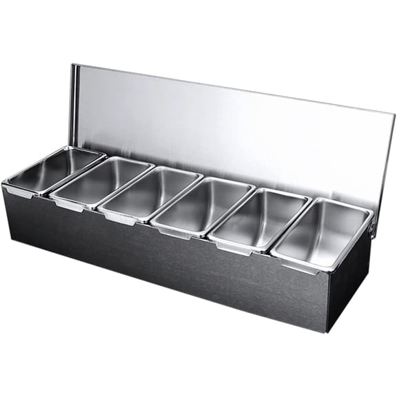 6 Compartment Trays, Stainless Steel Detachable Topping Station with lid Pizza Ingredients Condiment Dispenser Reusable Ice Cooled Condiment Seasoning Container