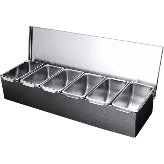 6 Compartment Trays, Stainless Steel Detachable Topping Station with lid Pizza Ingredients Condiment Dispenser Reusable Ice Cooled Seasoning Container -