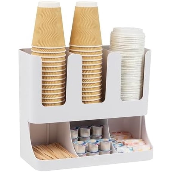 6 Compartment Upright Breakroom Coffee Condiment and Cup Storage Organizer, White