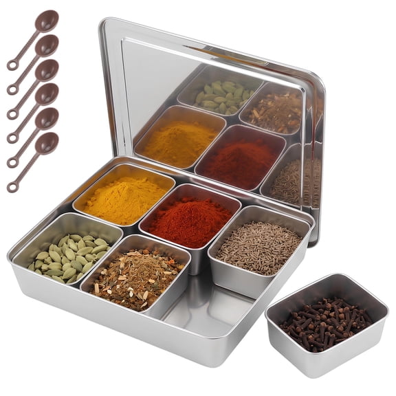 6 Compartments Condiment Container, Stainless Steel Seasoning Organizer Box with Lid, Divided Serving Tray with Spoons for Snacks, Toppings, Fruit, Candy, Toppings