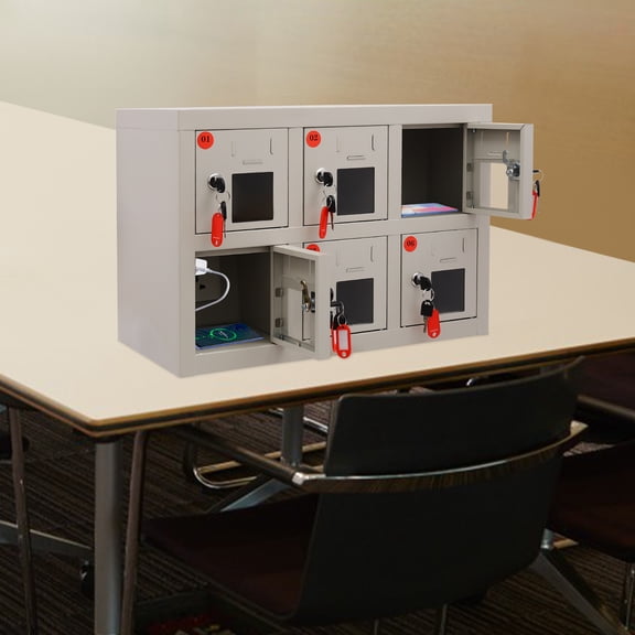 6 Compartments White Cell Phone Locker Durable Cell Mobile Phone Steel Locker with Spare Key Visible Window