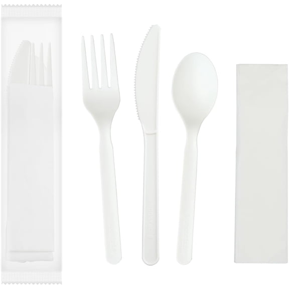 6" Compostable CPLA Cutlery Kits, BPI Certified 200 Sets (Fork, Spoon,Knife,Napkin 4 in 1) Individually Wrapped With Compostable BagsAlternative to Plastic Disposable Utensils