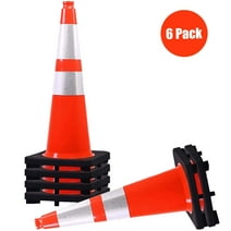 (6 Cones) BESEA 28” inch Orange PVC Traffic Cones, Black Base Construction Road Parking Safety Cone Structurally Stable Wearproof Cones (6Pack 28" Height)