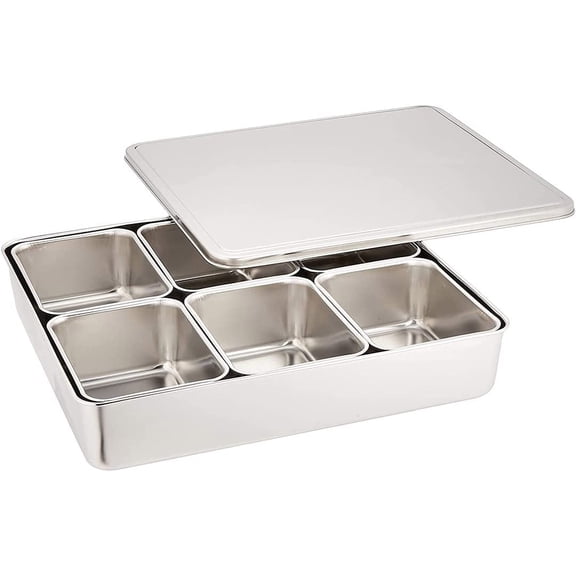6 Containers: Stainless Steel Spice Storage Box, 6 Containers Yakumi Pan with Lid, Food Grade Compartment Tray for Kitchen Prep & Catering
