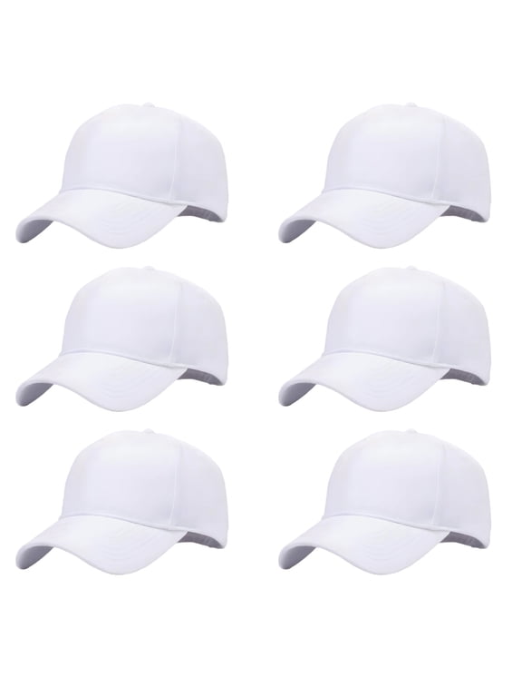 6 Cotton White Baseball Caps, Plain Blank Hats for Tie Dye Kits, Adjustable Sizing