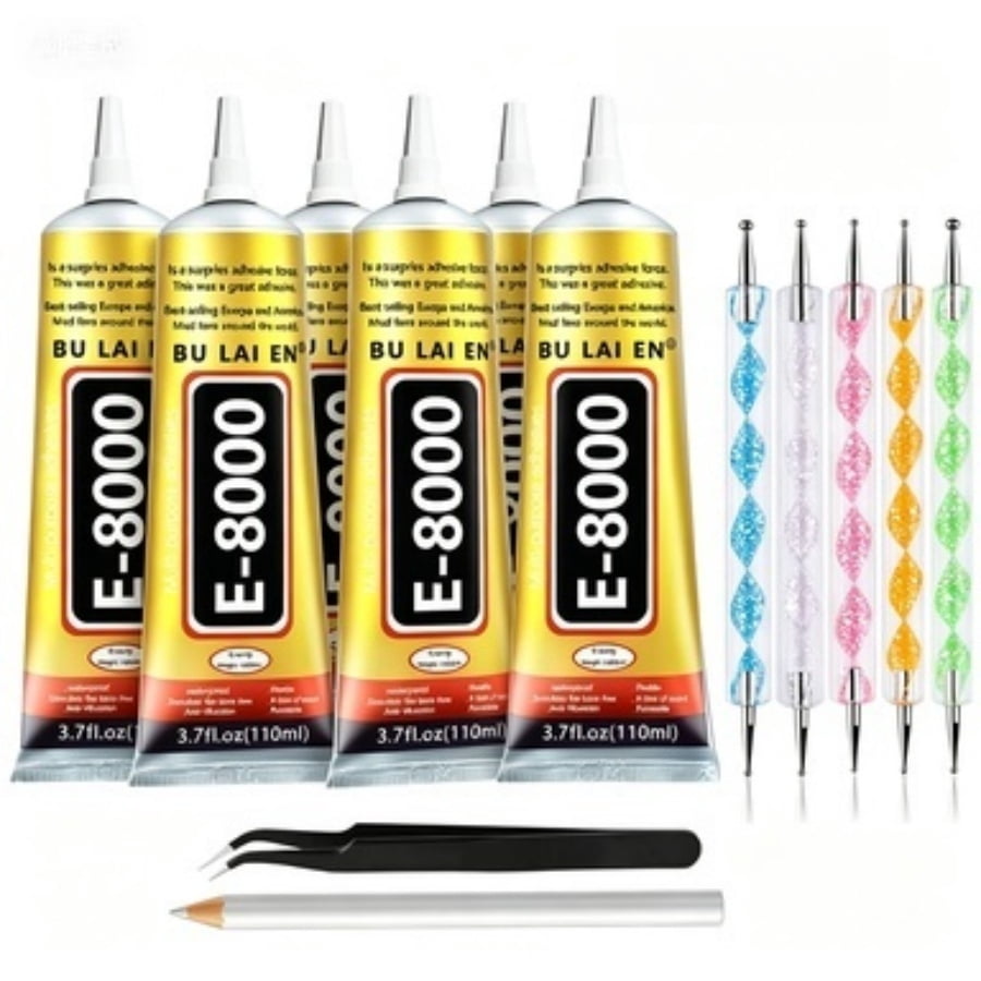 6 Count 110ml/3.7 Fl Oz E8000 Clear Multi-Purpose Adhesive Kit with Dotting Pens, Wax Pencil & Tweezer, for Jewelry Making, DIY Crafts and Home Daily Repair