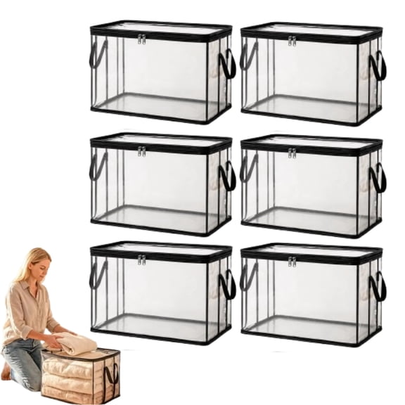 6 Count Large Foldable Clear Storage Containers with Zipper & Side Handles, Heavy-Duty Transparent PVC Storage Totes for Clothing & Toys, Perfect for Closet Organization, Dorm and Moving Use