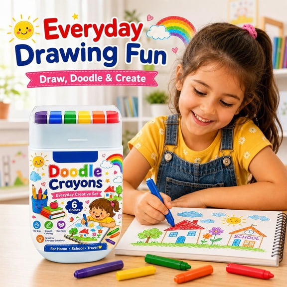 6 Count No-Stain Crayons, Washable Doodle Crayons for Kids, Non-Toxic & Easy-Grip, Great for Coloring, Doodling & Everyday Creative Fun Activities