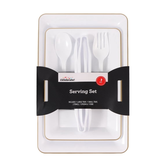 6 Count, White Plastic Serving Set with Gold Rim, Includes 2 Trays, 2 Tongs, 1 Spoon, 1 Fork, by Way To Celebrate