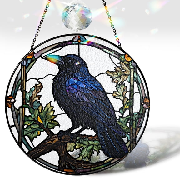 6" Crow Stained Glass Suncatchers Art Glass Ravens for Sun Catcher Indoor Gothic Gifts for Pet Animal Nature Floral Lovers Women Grandma Mom Friend Painted Panel Dcor BIRD-04B-SG6
