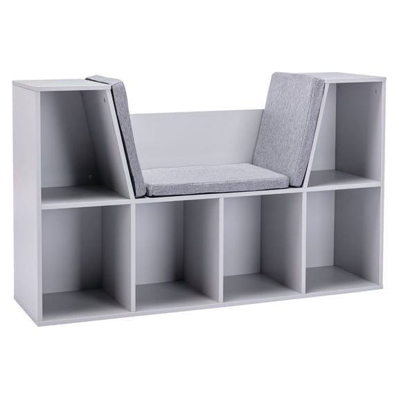 6-Cubby Bookcase with Reading Nook, Storage Organizer for Kids Bedroom, Living Room, Grey