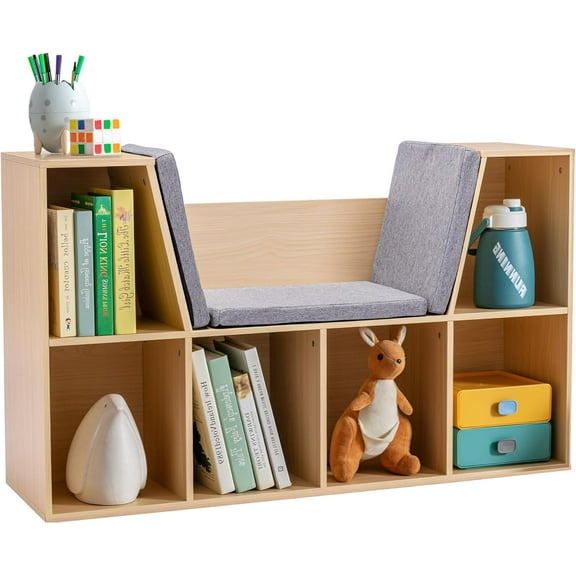 6-Cubby Kids Bookcase with Reading Nook and Cushion, Multi-Purpose Storage Organizer for Bedroom, Living Room, Natural