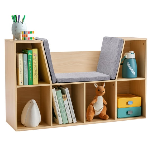 6-Cubby Kids Bookcase with Reading Nook and Cushion, Multi-Purpose Storage Organizer for Bedroom, Living Room, Natural
