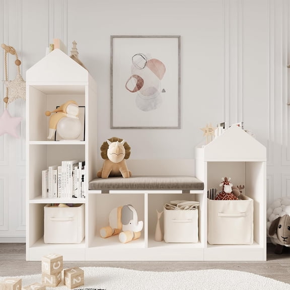 6-Cubby Kids Bookshelf with Reading Nook & Playhouse Roof, Wooden Toy Organizer, Anti-Tip Safety, and Built-In Bench for Playroom, Nursery, or Classroom