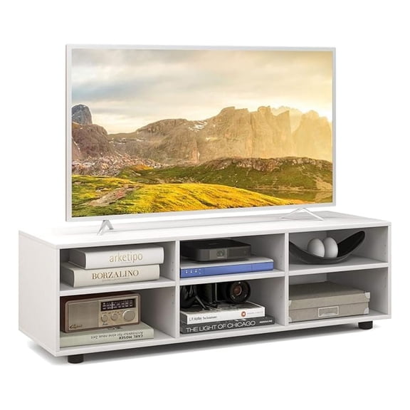6 Cubby TV Stand for 50+ Inch TV, White Wood TV Media Console Table with 6 Storage Cubbies & 5-Position Adjustable Shelves, Entertainment Center with Storage for Living Room
