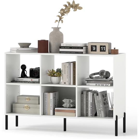 6 Cube Bookcase, 47" Long Bookshelf with 5 Metal Legs, Adjustable Shelves, Wood Cubical Storage Shelf, 31.5" Tall Freestanding Open Shelf Bookcase for Home Office Kids Room (White)