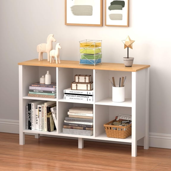 6-Cube Bookcase, Farmhouse Wooden Bookshelf Low Storage Organizer, 45" Horizontal White Console with Legs, Hallway Book Case for Entryway, Display Cabinet for Living Room (White, 6-Cube)