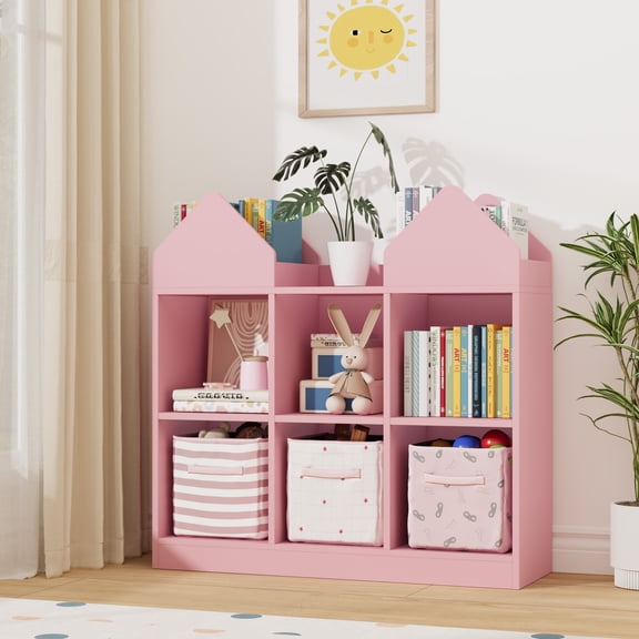 Kids Castle Cube Toy Storage Organizer, 6 Cubby Open Bookshelf with Anti-Tip Wall Device, Wooden Playroom Toy Book Storage Cabinet for Toddlers Bedroom Playroom
