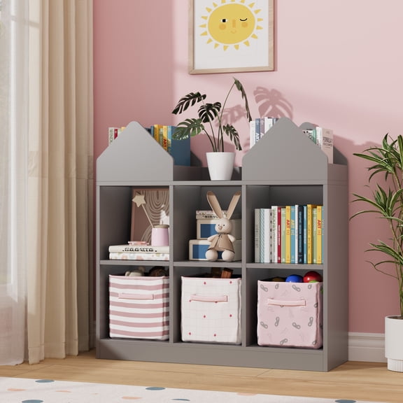 Kids Castle Cube Toy Storage Organizer, 6 Cubby Open Bookshelf with Anti-Tip Wall Device, Wooden Playroom Toy Book Storage Cabinet for Toddlers Bedroom Playroom
