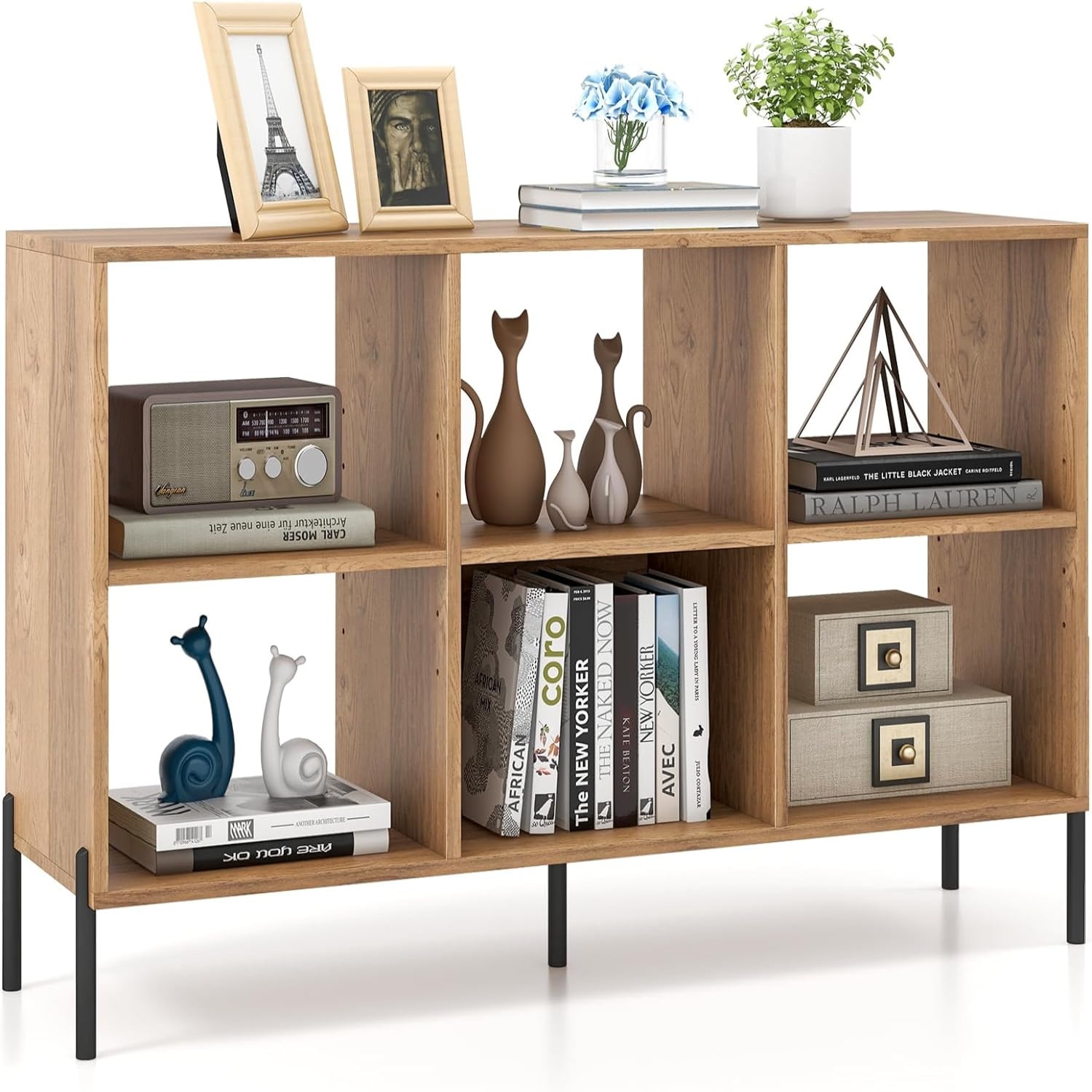 6 Cube Bookshelf 2-Tier Wood Open Bookcase with Elevated Metal Legs 5-Position Adjustable Anti ...