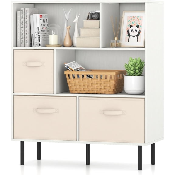 6-Cube Bookshelf, 3-Tier White Bookcase with 3 Removable Fabric Drawers