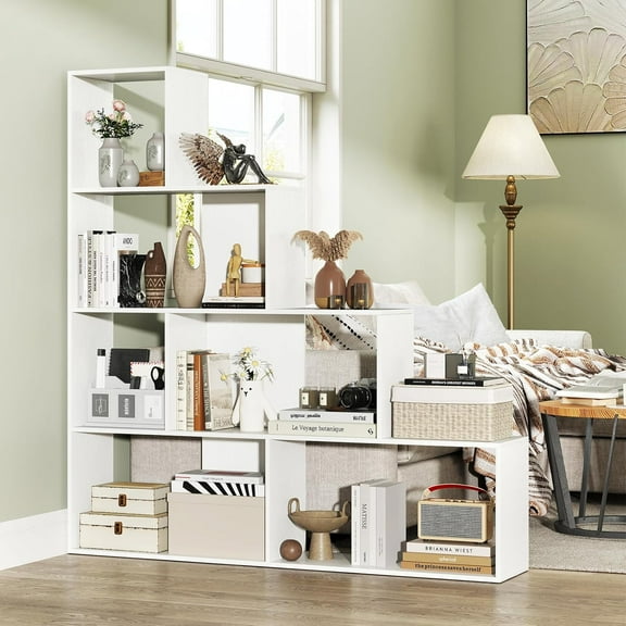6 Cube Geometric Bookshelf, L Shaped Corner Ladder Shelf, 4 Tier Etagere Bookshelf with Backpanel, 10 Shelves Storage Display Rack for Home Office Living Room (1, White)