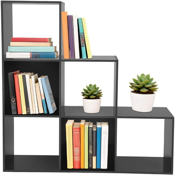 6-Cube L-Shaped Storage Bookcase, 35.43" Tall Modern Open Shelf for Corner or Under Stairs, Free-Standing Cube Organizer for Living Room, Bedroom, Home Office (Black)