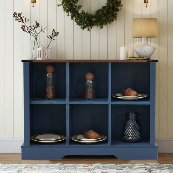 6-Cube LED Bookshelf, Mid-Century Modern Wood Storage Shelf for Bedroom, Living Room & Office, Blue