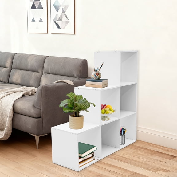 6 Cube Ladder Bookshelf, L-Shaped Storage Bookcase with Back Panels 176 lbs Capacity PVC Corner Shelf for Living Room, Office, Bedroom Reversible 90 Rotation White